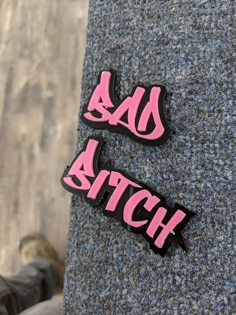 Bad Bitch Car Badge - Pink On Gloss Black - Graffiti Font - Atomic Car Concepts