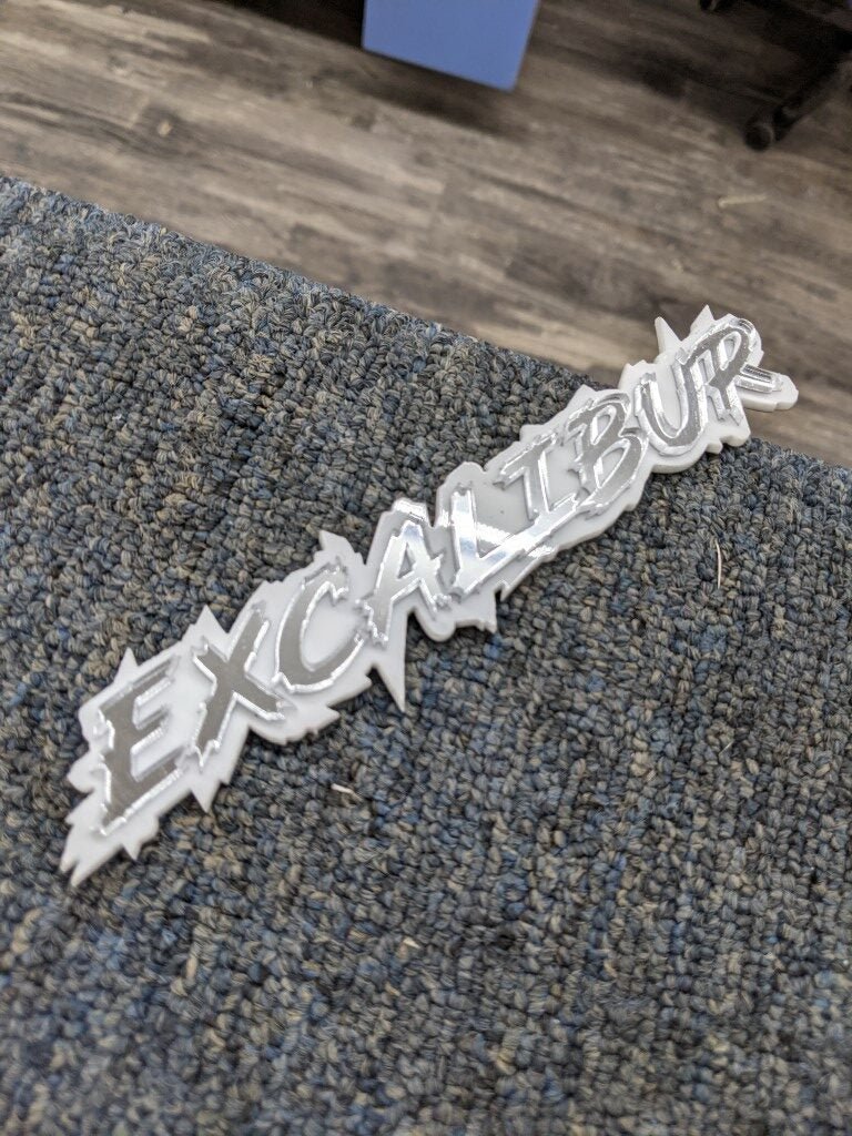 Excalibur Car Badge - Mirror Silver On White - Lightning Font - Atomic Car Concepts