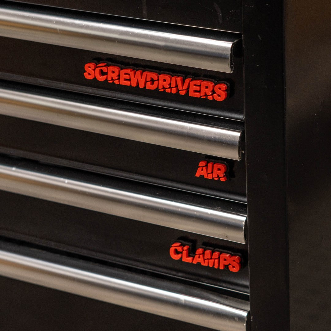 Custom Toolbox Drawer Emblems - Slash Font - 17 Piece Set As Shown - Multiple Colors Available