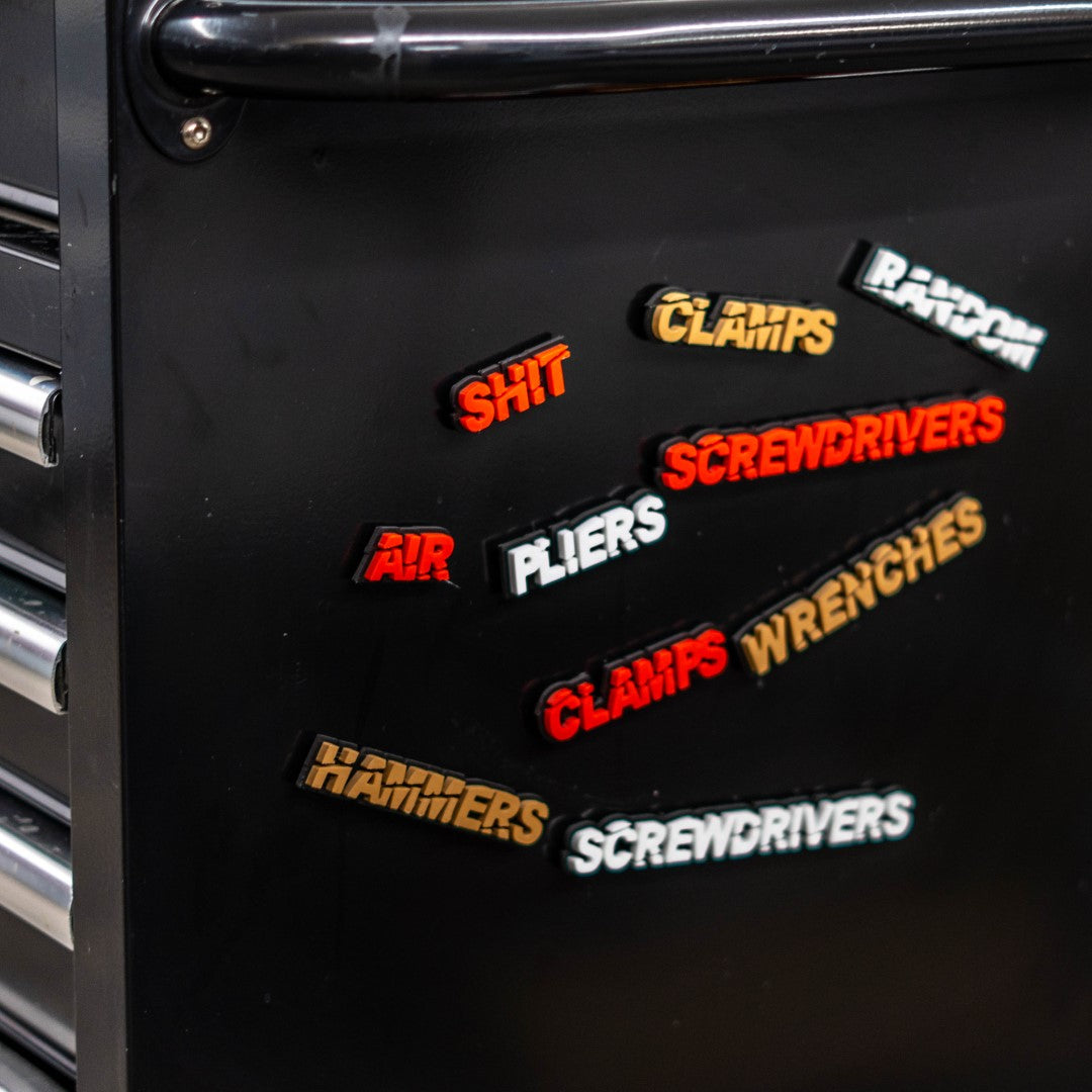 Custom Toolbox Drawer Emblems - Slash Font - 17 Piece Set As Shown - Multiple Colors Available