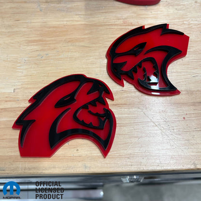 This pair of Officially Licensed custom Hellcat® badges feature custom colors. Our colors are not matches for any OEM color.