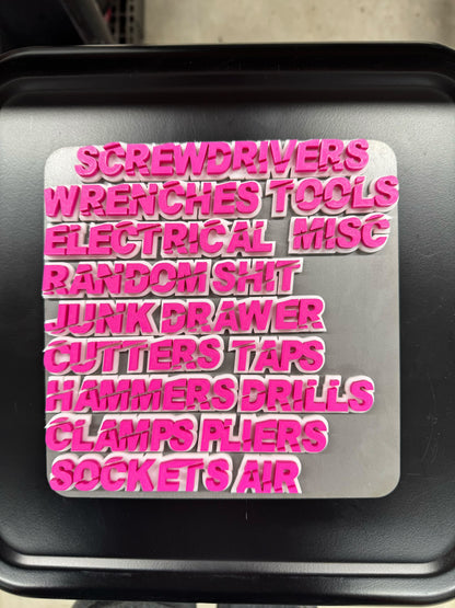 Custom Toolbox Drawer Emblems - Slash Font - 17 Piece Set As Shown - Multiple Colors Available