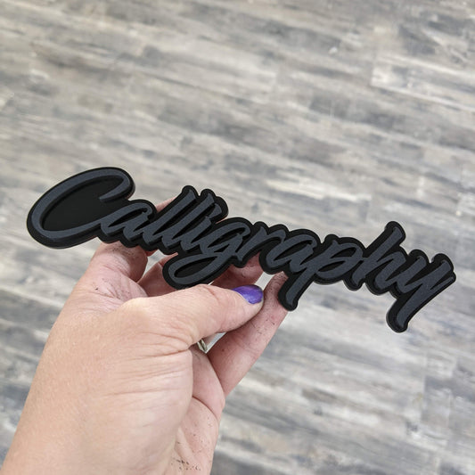 Calligraphy Car Badge - Matte Black On Gloss Black - Script Font