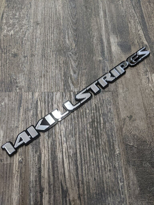 14 Kill Stripes Car Badge - Mirror Silver On Gloss Black - OEM Font - Atomic Car Concepts