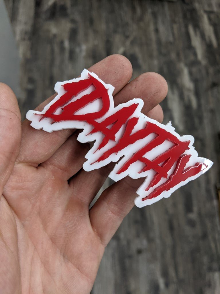 1DayTay Car Badge - Red On White - Aggressive Font - Atomic Car Concepts