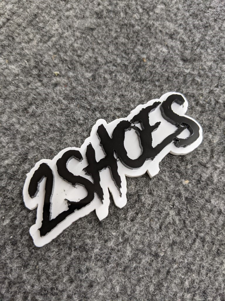 2 Shoes Car Badge - Gloss Black On White - Aggressive Font - Atomic Car Concepts