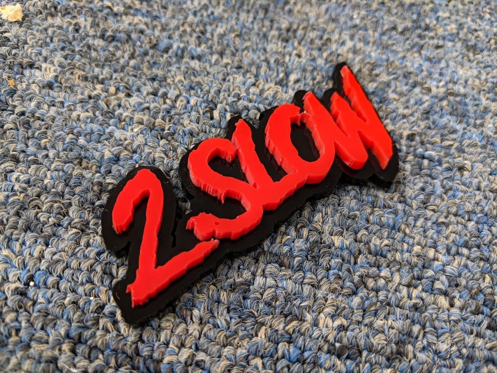 2Slow Car Badge - Red On Gloss Black - Aggressive Font - Atomic Car Concepts