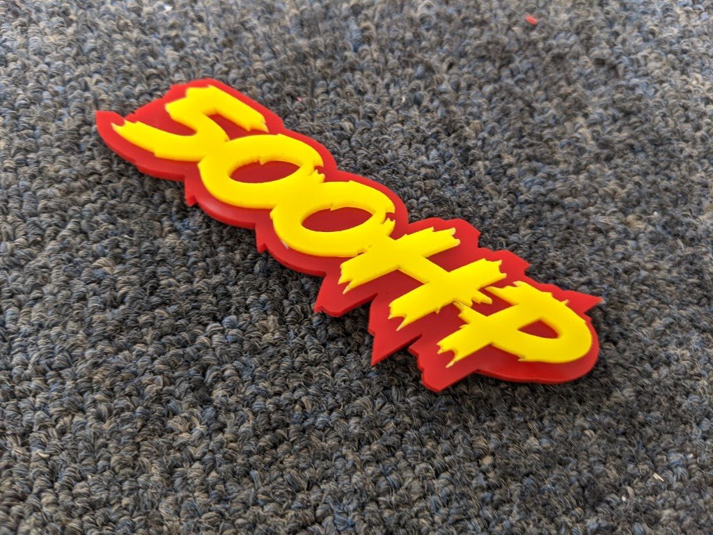 500HP Car Badge - Yellow On Red - Lightning Font - Atomic Car Concepts