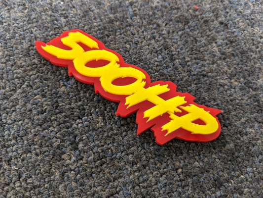 500HP Car Badge - Yellow On Red - Lightning Font - Atomic Car Concepts