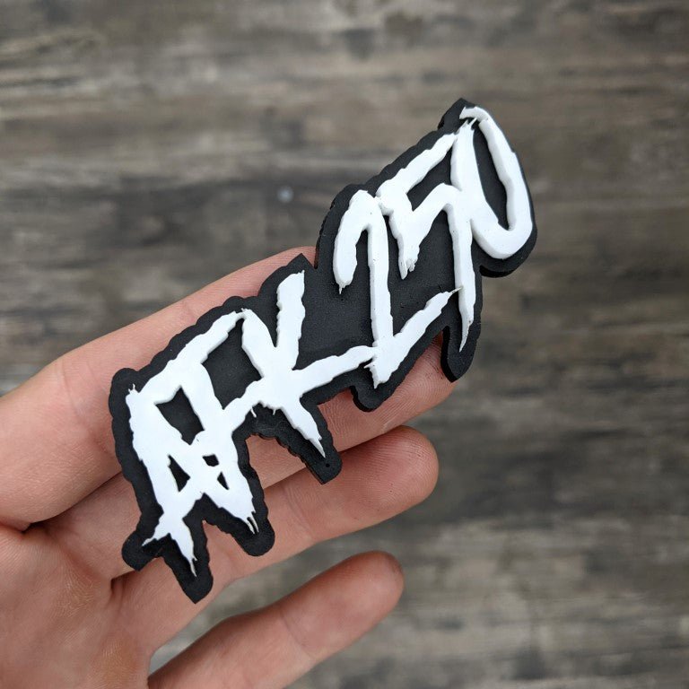 AFK 250 Car Badge - White On Gloss Black - Aggressive Font - Atomic Car Concepts