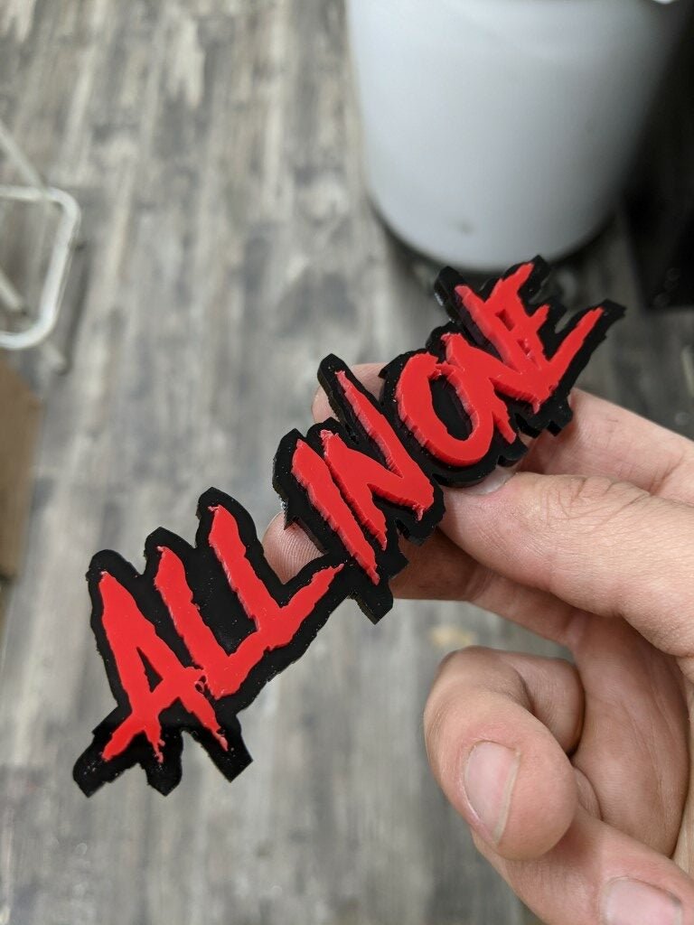 All In One Car Badge - Red On Gloss Black - Aggressive Font - Atomic Car Concepts