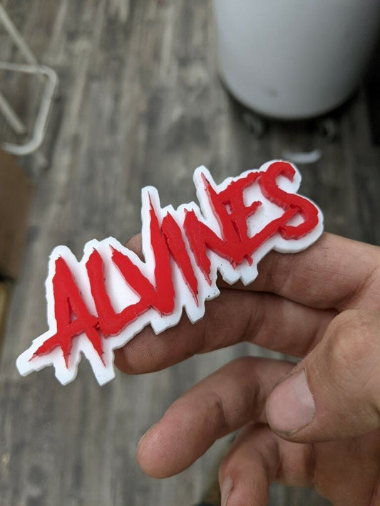 Alvines Car Badge - Red On White - Aggressive Font - Atomic Car Concepts