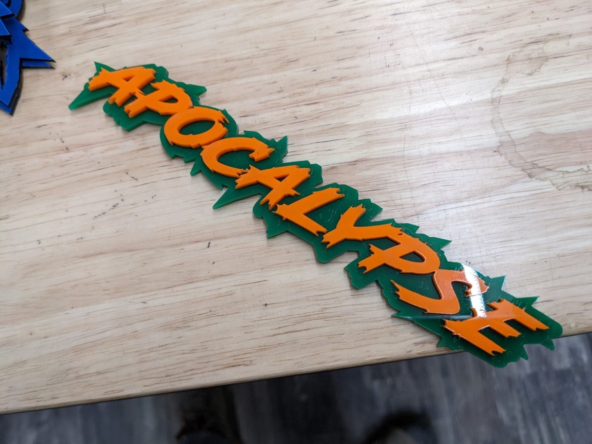 Apocalypse Car Badge - Orange On Green - Lightning Font - Atomic Car Concepts