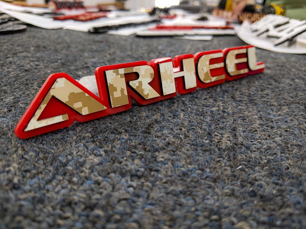 Arheel Car Badge - Camo on Red - OEM Font - Atomic Car Concepts