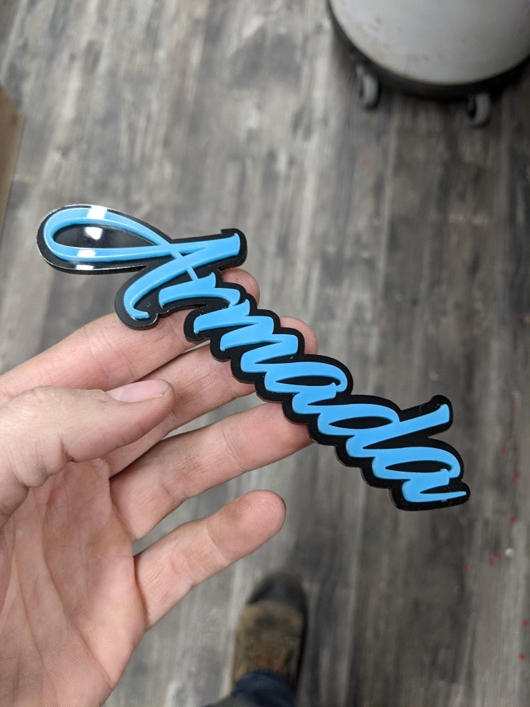 Armada Car Badge - Teal on Gloss Black - Script Font - Atomic Car Concepts