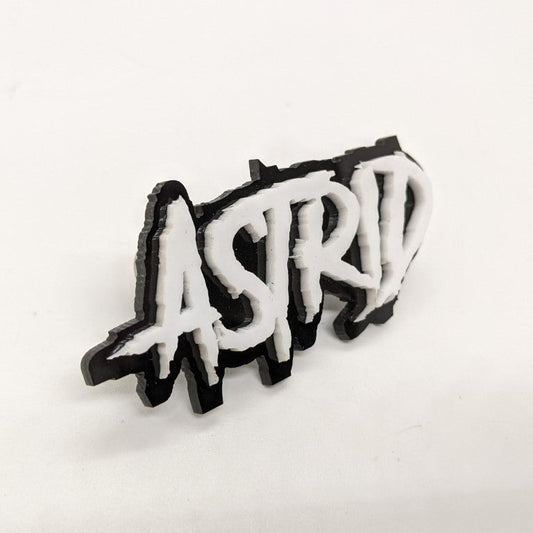 Astrid Car Badge - White on Gloss Black - Aggressive Font - Atomic Car Concepts