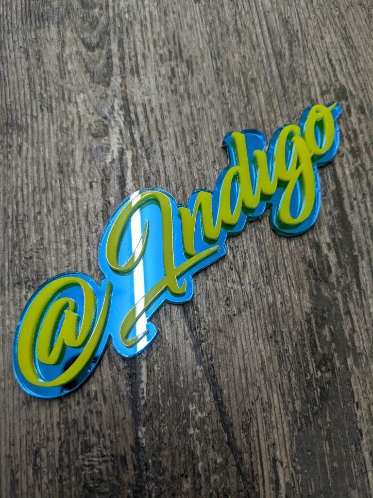 @Indigo Car Badge - Yellow on Mirror Blue - Script Font - Atomic Car Concepts