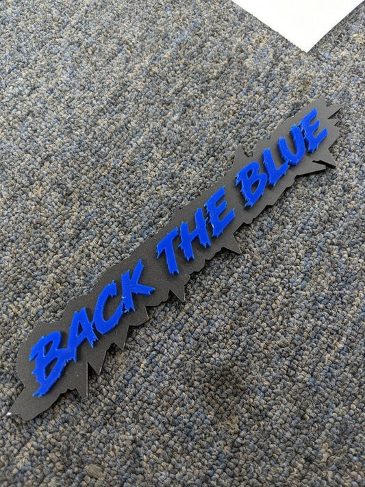 Back The Blue Car Badge - Blue On Matte Black - Lightning Font - Atomic Car Concepts