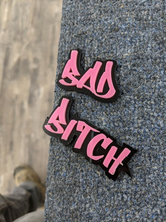 Bad Bitch Car Badge - Pink On Gloss Black - Graffiti Font - Atomic Car Concepts