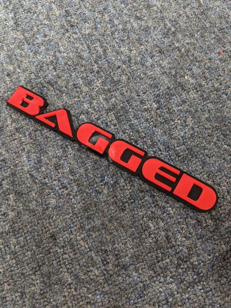 Bagged Car Badge - Red On Gloss Black - OEM Font - Custom Mount - Atomic Car Concepts