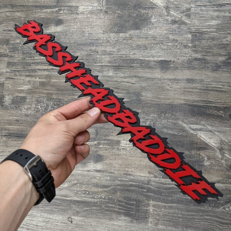 Bassheadbaddie Car Badge - Red On Matte Black - Lightning Font - Atomic Car Concepts