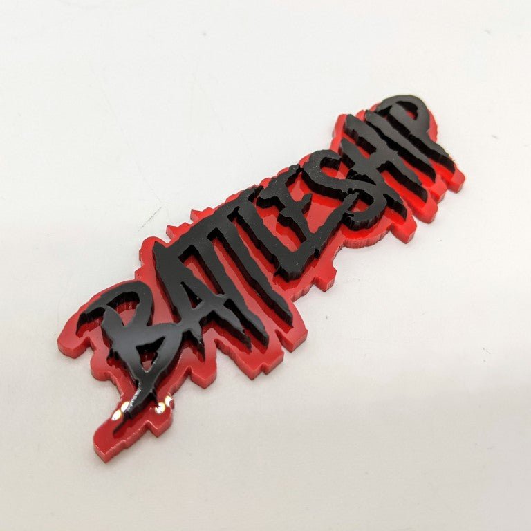 Battleship Car Badge - Gloss Black on Red - Aggressive Font - Tape Mounting - Atomic Car Concepts