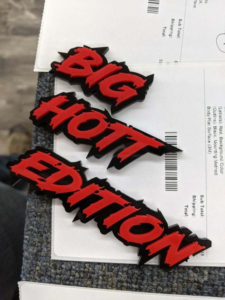 Big Hott Edition Car Badge - Red On Gloss Black - Lightning Font - Atomic Car Concepts