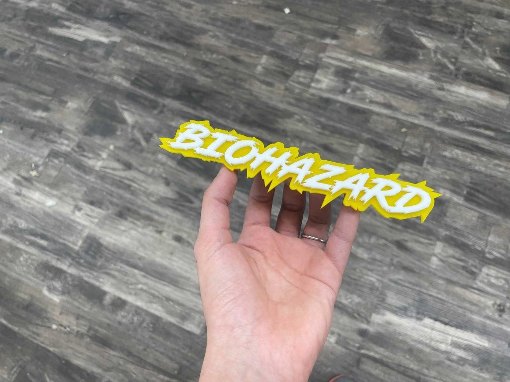 Biohazard Car Badge - White On Yellow - Lightning Font - Atomic Car Concepts