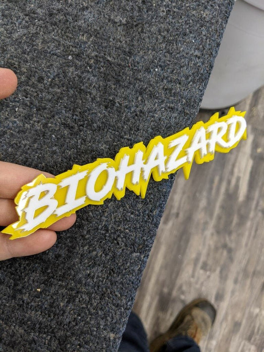 Biohazard Car Badge - White On Yellow - Lightning Font - Atomic Car Concepts