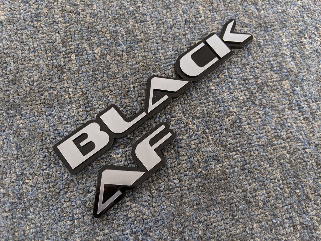 Black AF Car Badge - Brushed Silver On Black - OEM Font - Atomic Car Concepts