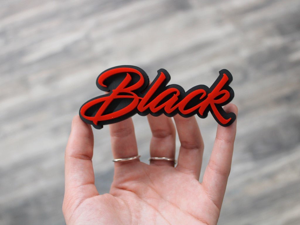 Black Car Badge - Red On Gloss Black - Script Font - Atomic Car Concepts