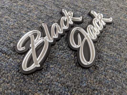 Black Jack Car Badge - Mirror Silver On Matte Black - Script Font - Atomic Car Concepts