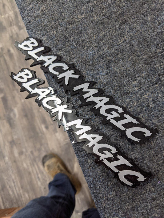 Black Magic Car Badge - White On Gloss Black - Lightning Font - Atomic Car Concepts