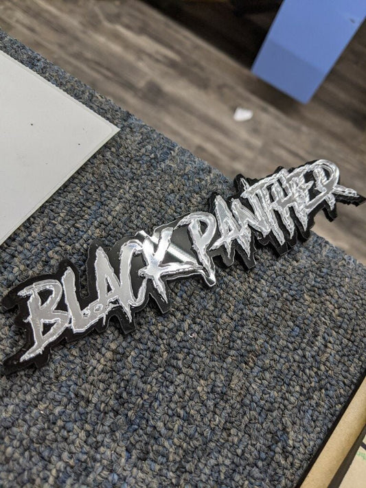 Black Panther Car Badge - Mirror Silver On Gloss Black - Aggressive Font - Atomic Car Concepts