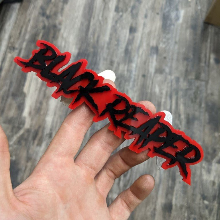 Black Reaper Car Badge - Gloss Black on Red - Aggressive Font - Atomic Car Concepts