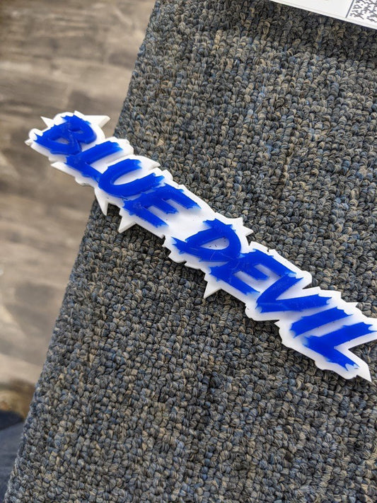 Blue Devil Car Badge - Blue On White - Lightning Font - Atomic Car Concepts