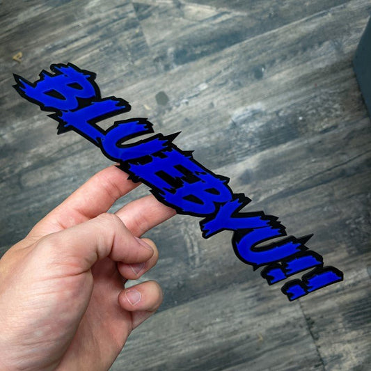 BlueByu Car Badge - Blue On Gloss Black - Lightning Font - Atomic Car Concepts