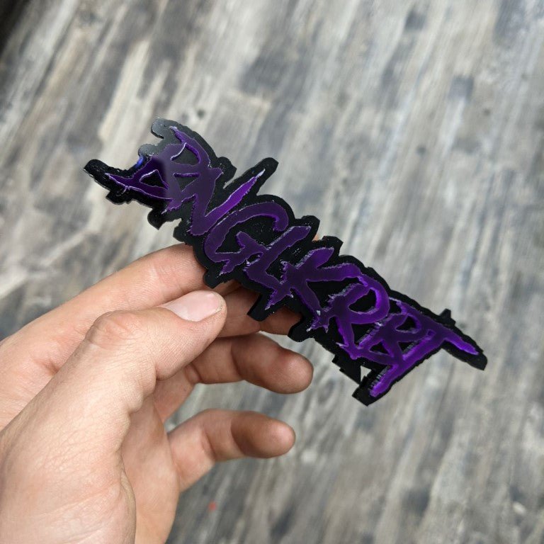 Bnglkrbt Car Badge - Mirror Purple On Gloss Black - Aggressive Font - Atomic Car Concepts