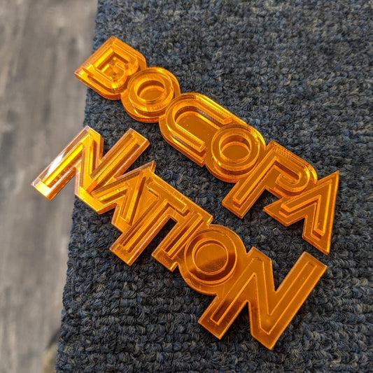 Bocopa Nation Car Badge - Mirror Orange On Mirror Orange - Squid Font - Tape Mount - Atomic Car Concepts