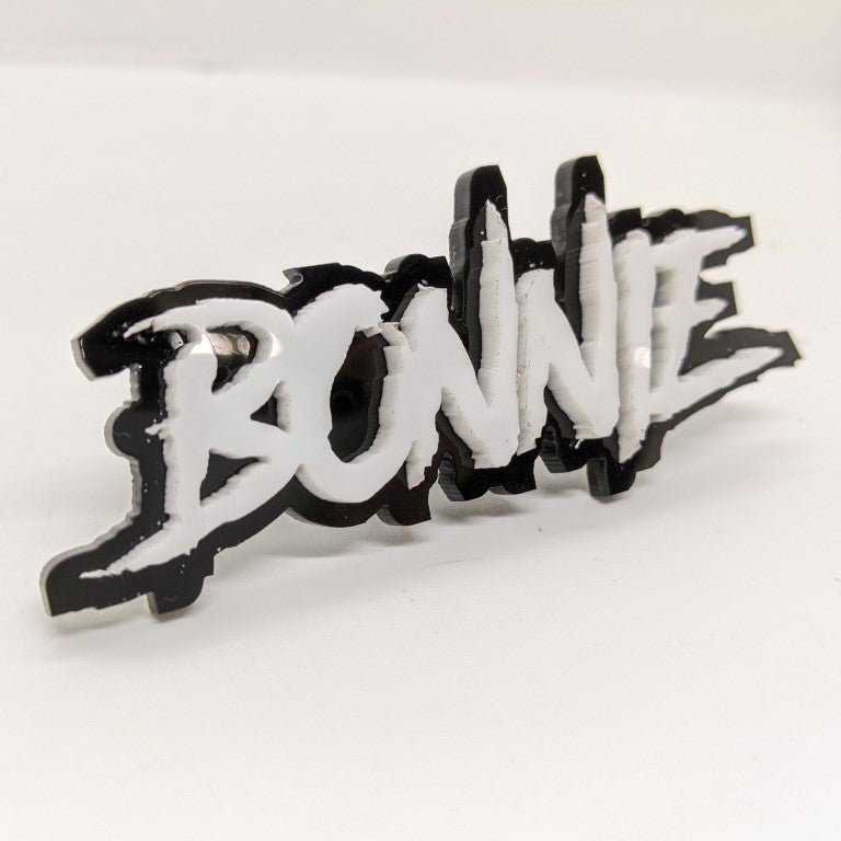 Bonnie Car Badge - White On Gloss Black - Aggressive Font - Atomic Car Concepts