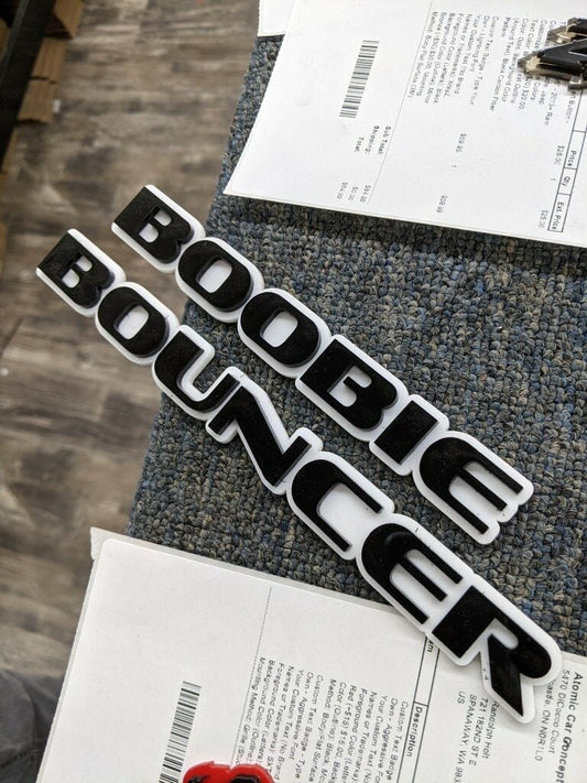 Boobie Bouncer Car Badge - Gloss Black On White - OEM Font - Atomic Car Concepts