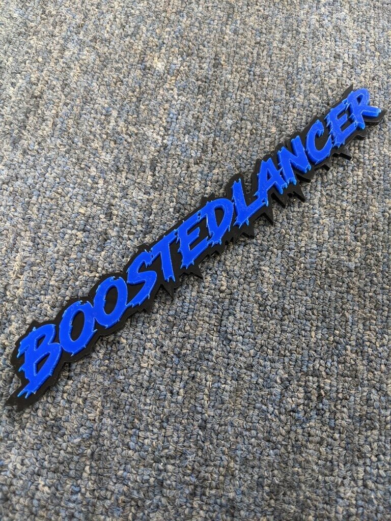 Boostedlancer Car Badge - Blue On Gloss Black - Lightning Font - Atomic Car Concepts