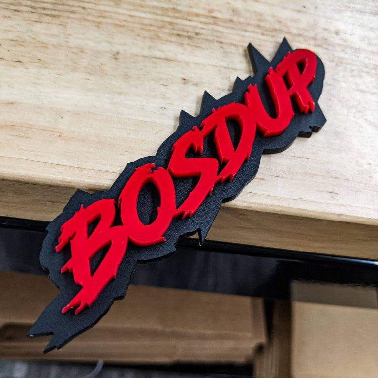 Bosdup Car Badge - Red On Matte Black - Lightning Font - Atomic Car Concepts