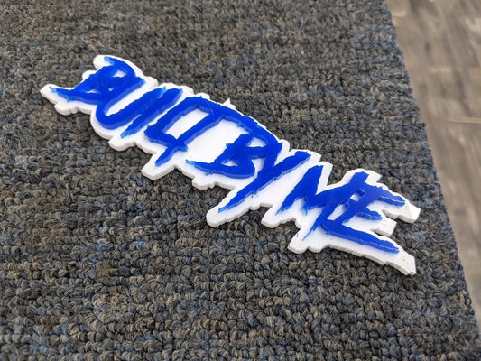 Built By Me Car Badge - Blue On White - Aggressive Font