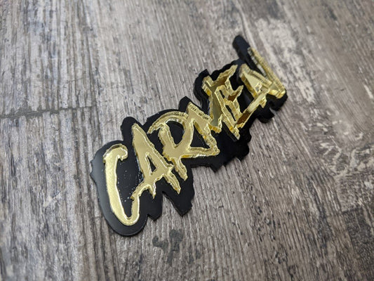 Carmen Car Badge - Mirror Gold On Gloss Black - Aggressive Font - Atomic Car Concepts