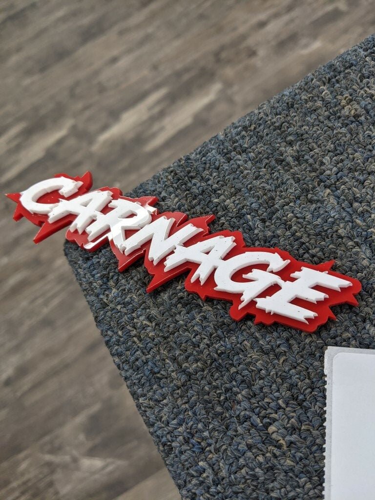 Carnage Car Badge - White On Mirror Red - Lightning Font - Atomic Car Concepts