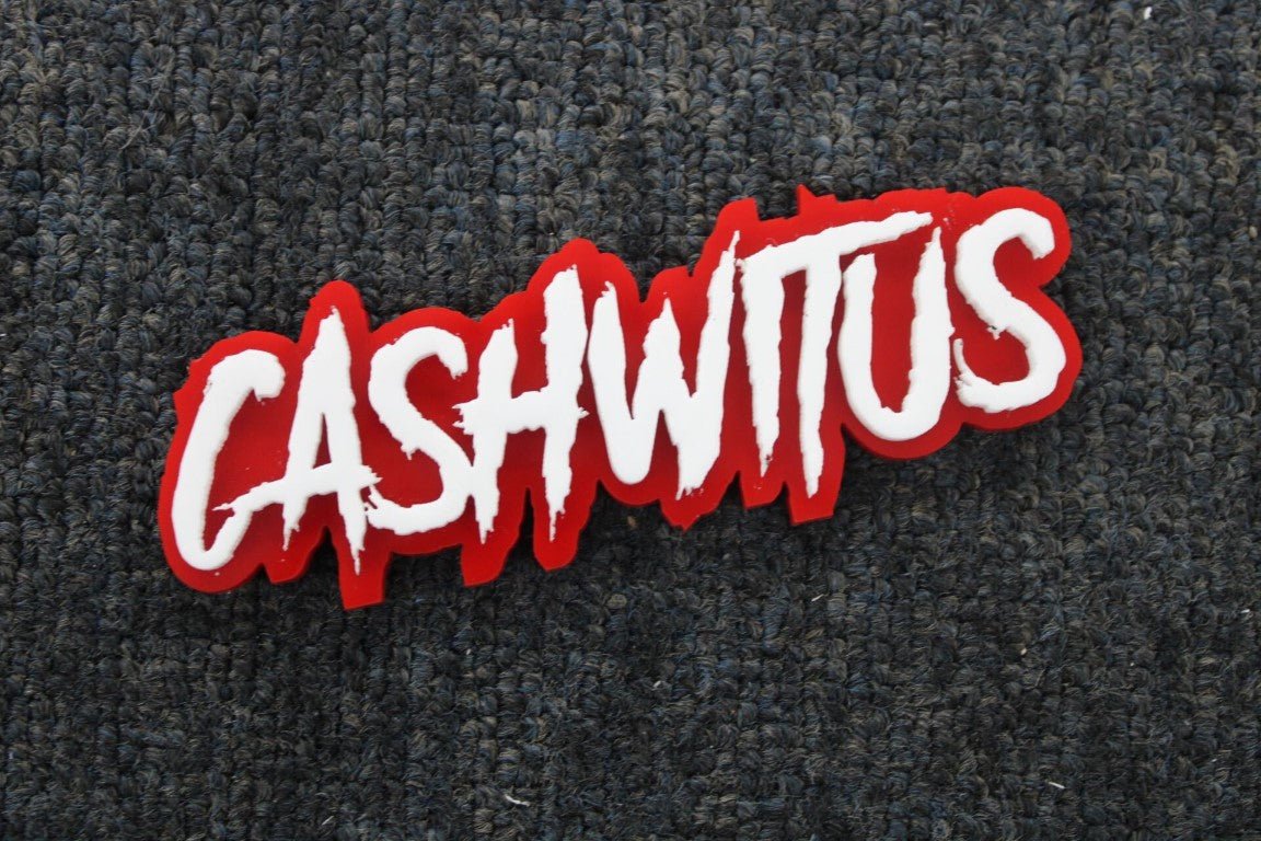 Cashwitus Car Badge - White On Red - Aggressive Font - Atomic Car Concepts