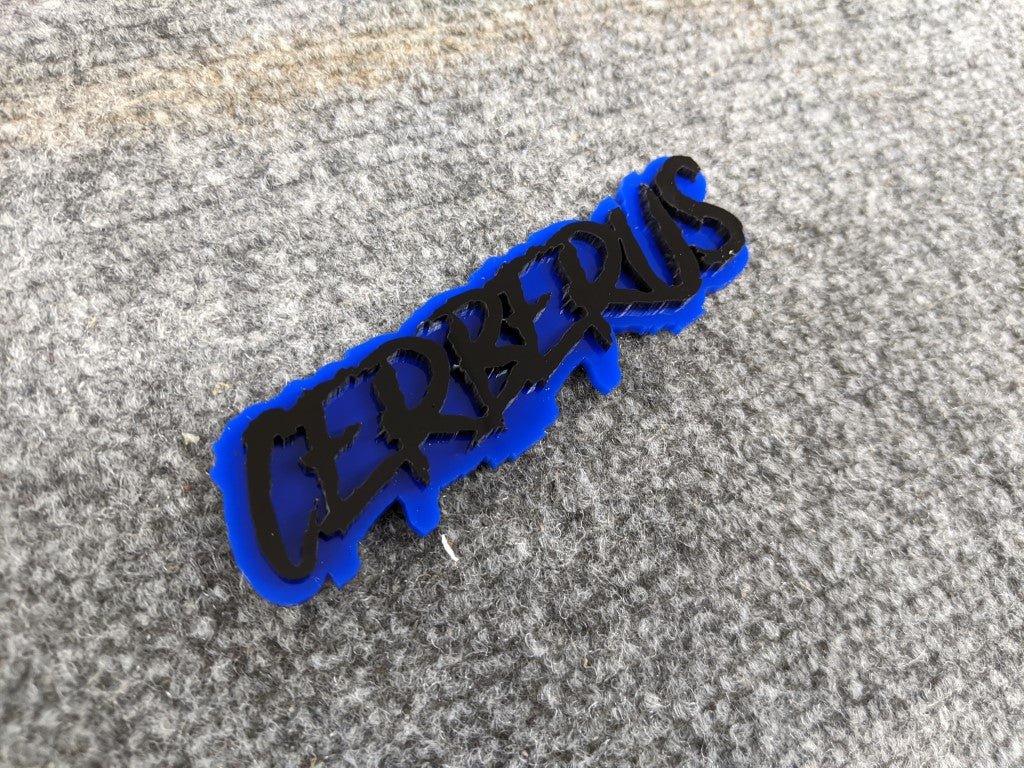 Cerberus Car Badge - Gloss Black On Blue - Aggressive Font - Atomic Car Concepts