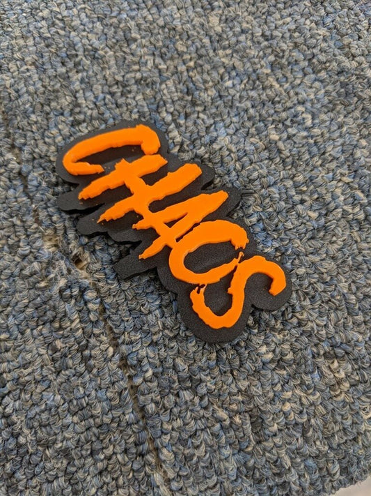 Chaos Car Badge - Orange On Matte Black - Aggressive Font - Atomic Car Concepts