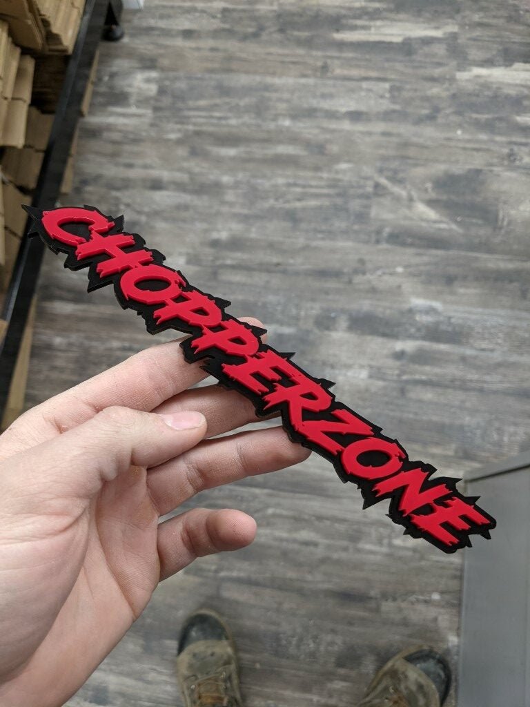 ChopperZone Car Badge - Red On Gloss Black - Lightning Font - Atomic Car Concepts